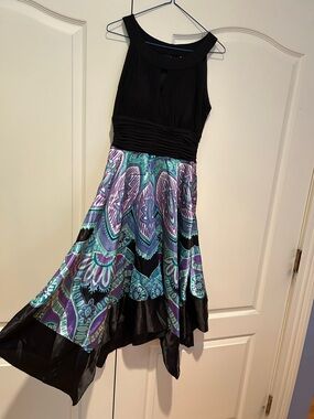 Black Halter flowy Dress with Teal & Purple Printed Skirt